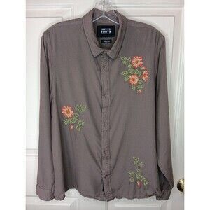 Native Youth Button Up Shirt Women Medium Brown Floral Embroidery Viscose EUC